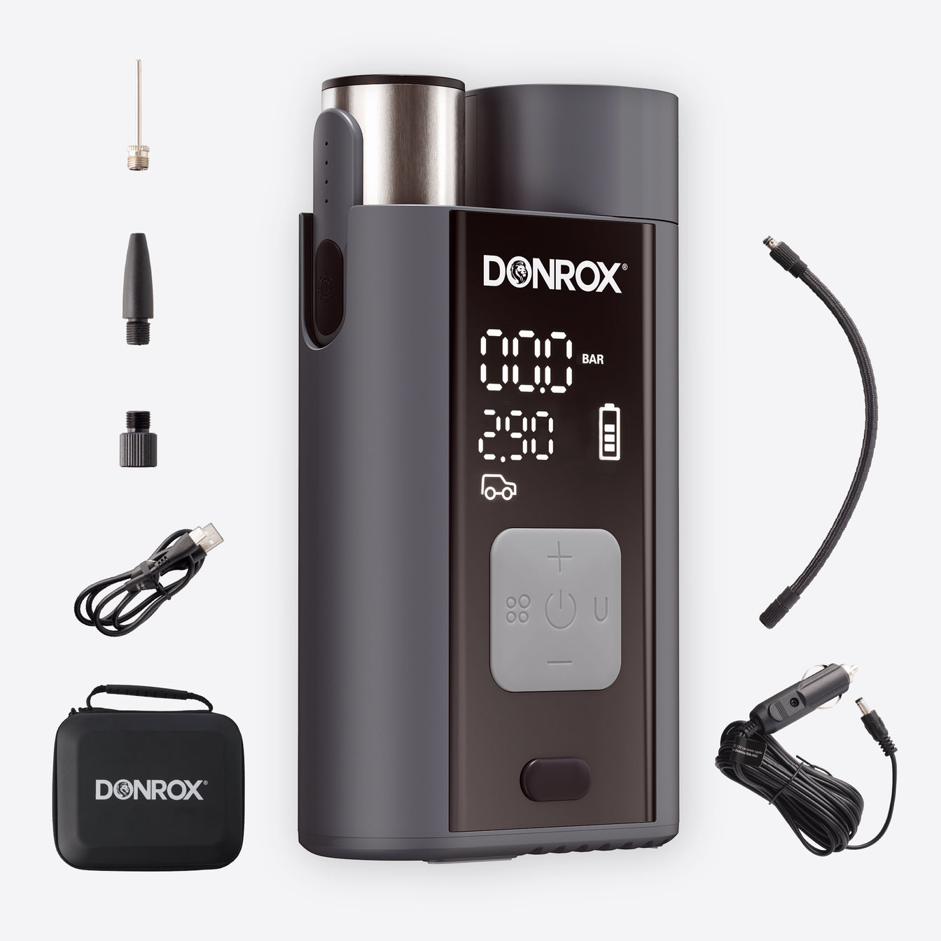 Donrox Ride A924 - Premium 12V compressor en bandenpomp met verwisselbare accu, ons krachtigste model Donrox Ride A924 - Premium 12V compressor en bandenpomp met verwisselbare accu, ons krachtigste model