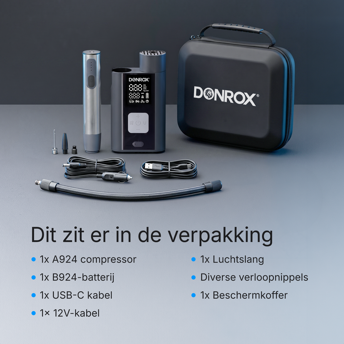 Donrox Ride A924 - Premium 12V compressor en bandenpomp met verwisselbare accu, ons krachtigste model