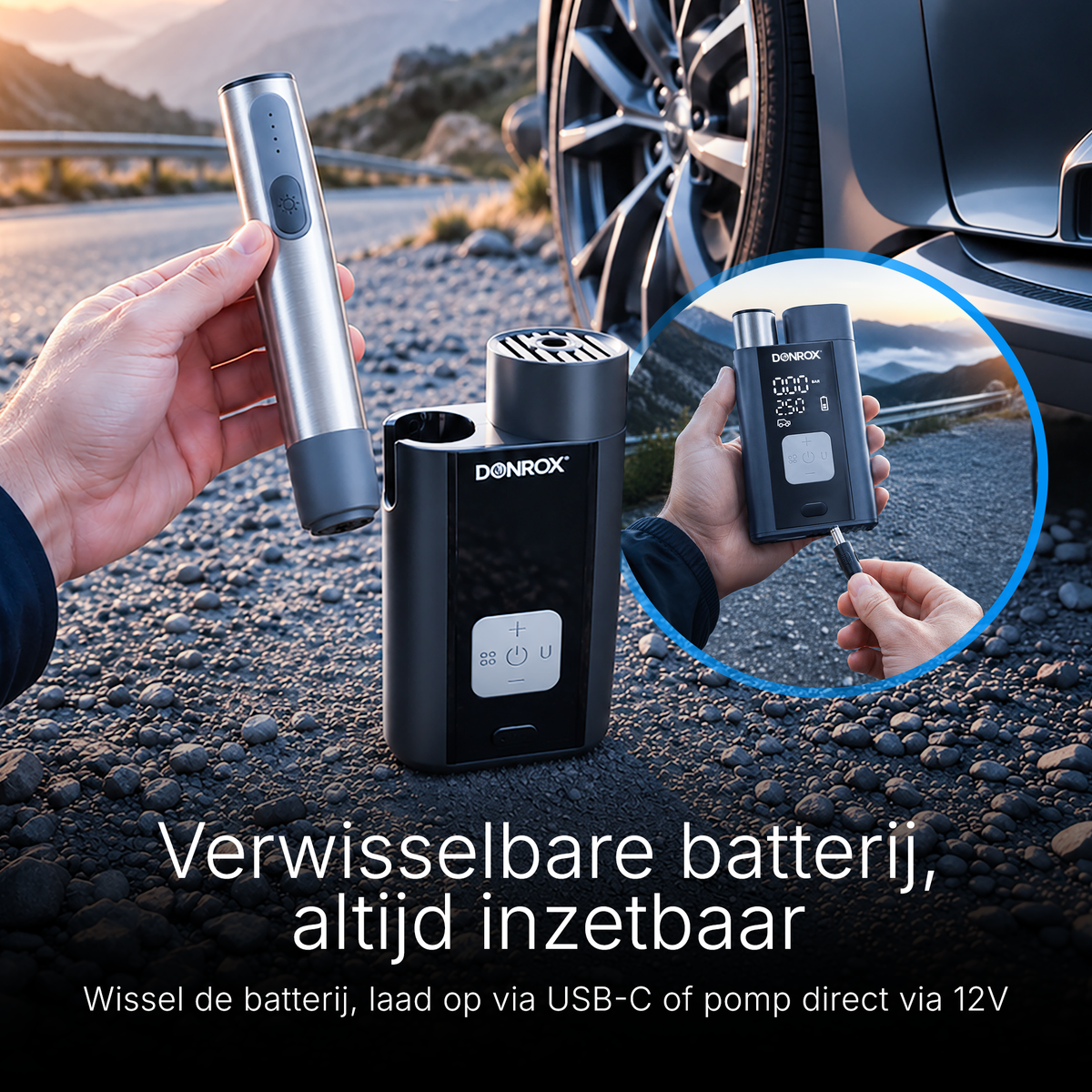 Donrox Ride A924 - Premium 12V compressor en bandenpomp met verwisselbare accu, ons krachtigste model