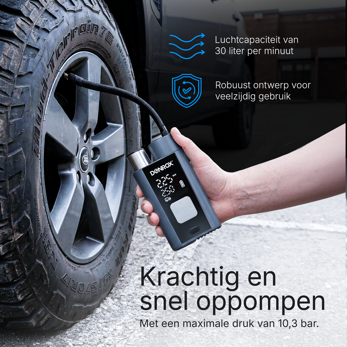 Donrox Ride A924 - Premium 12V compressor en bandenpomp met verwisselbare accu, ons krachtigste model