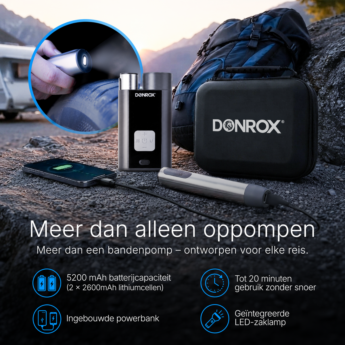 Donrox Ride A924 - Premium 12V compressor en bandenpomp met verwisselbare accu, ons krachtigste model