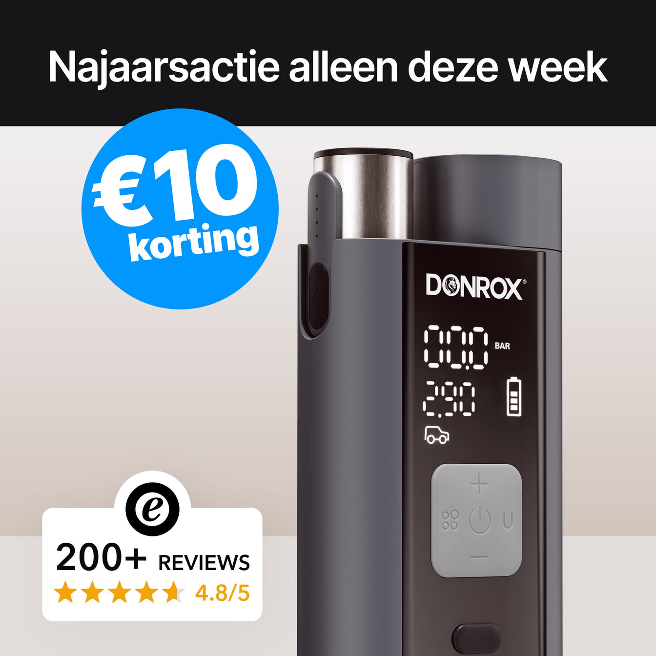 Donrox Ride A924 - Premium 12V compressor en bandenpomp met verwisselbare accu, ons krachtigste model