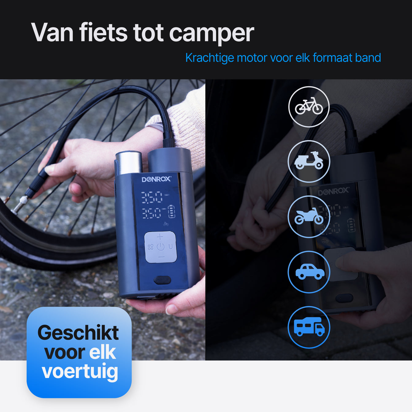 Donrox Ride A924 + TIJDELIJK GRATIS OPLADER – Krachtige Compressor voor Auto, Camper en Fiets
